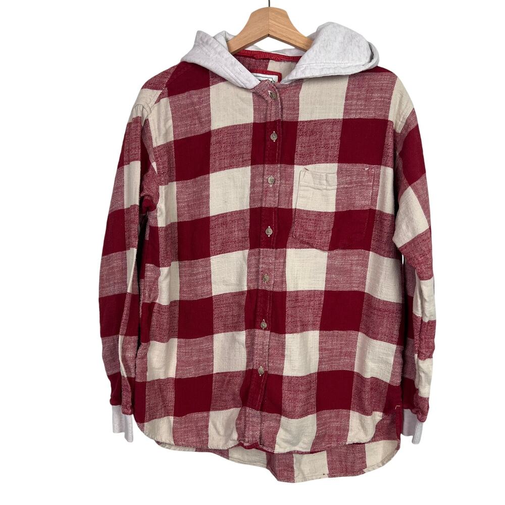 American Eagle Women's Small Red and Cream Plaid Hooded Flannel Button Up Shirt